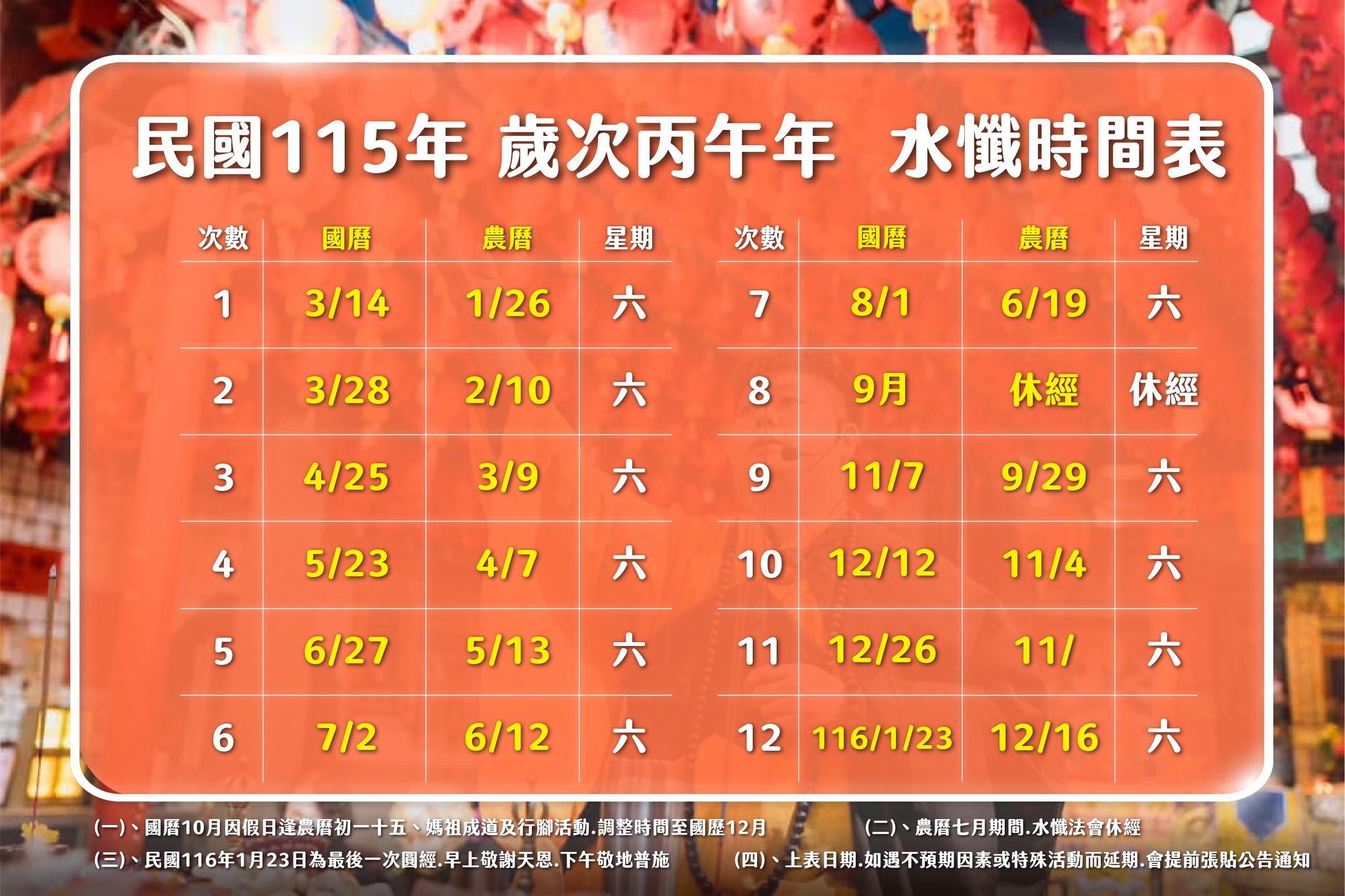 115年度慈悲三昧水懺法會時間表